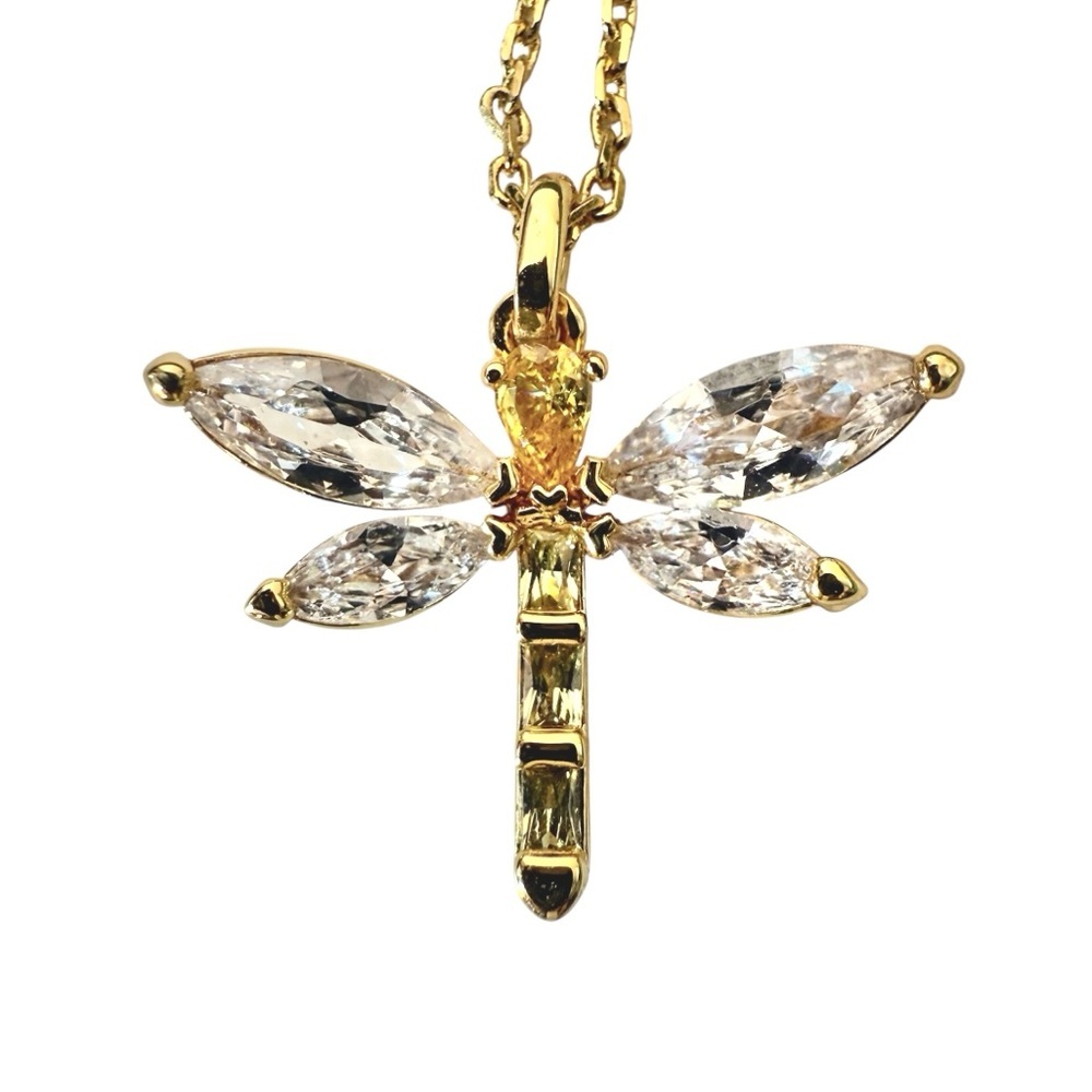 KATE SPADE New Gold Toned Dragonfly Insect Necklace Cubic Zirconia Stones